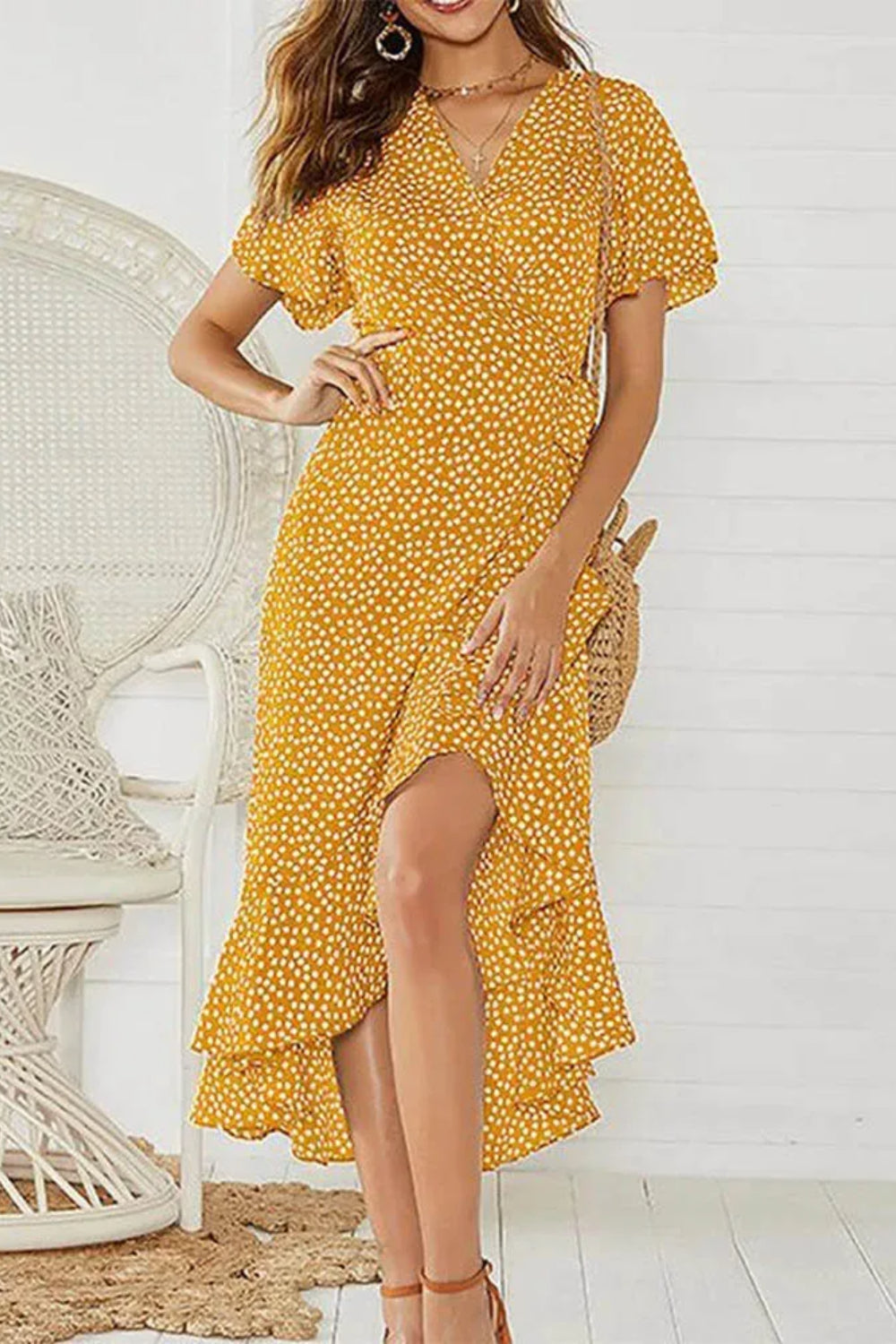 Chiffon Floral Ruffle Boho Split Maxi Dress