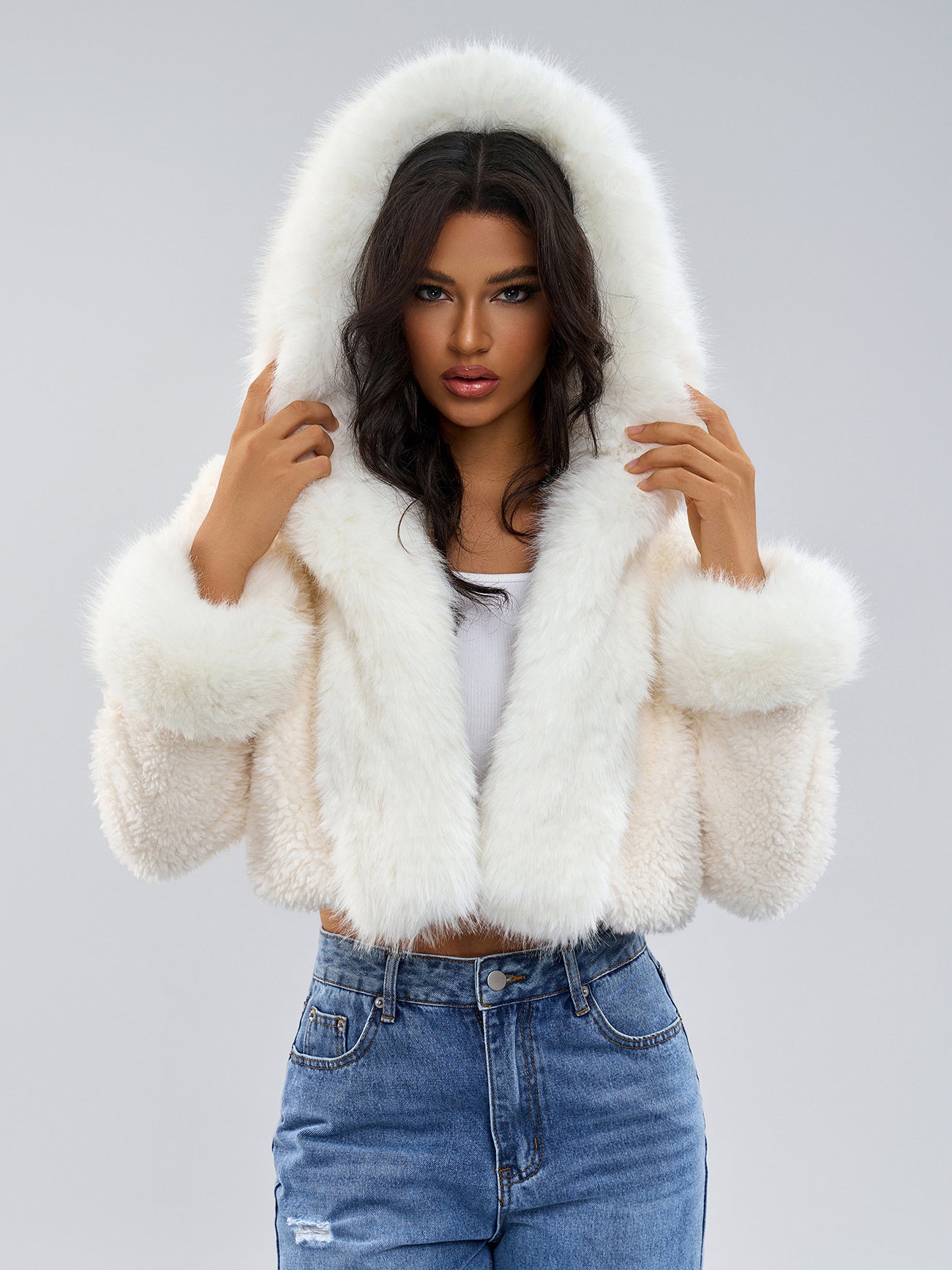 Hooded Faux Fur Coat In White Eco-friendly Winter Cropped Jacket For Women 2026