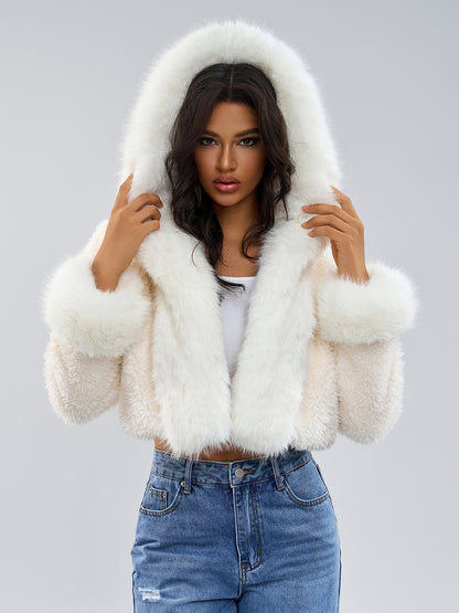 Hooded Faux Fur Coat In White Eco-friendly Winter Cropped Jacket For Women 2026