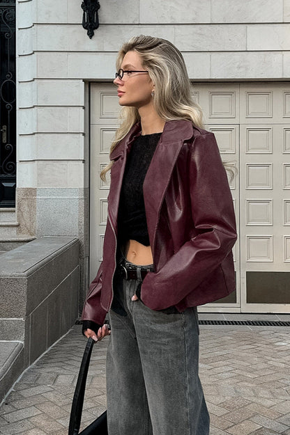 Angora Red PU Leather Blazer Coat