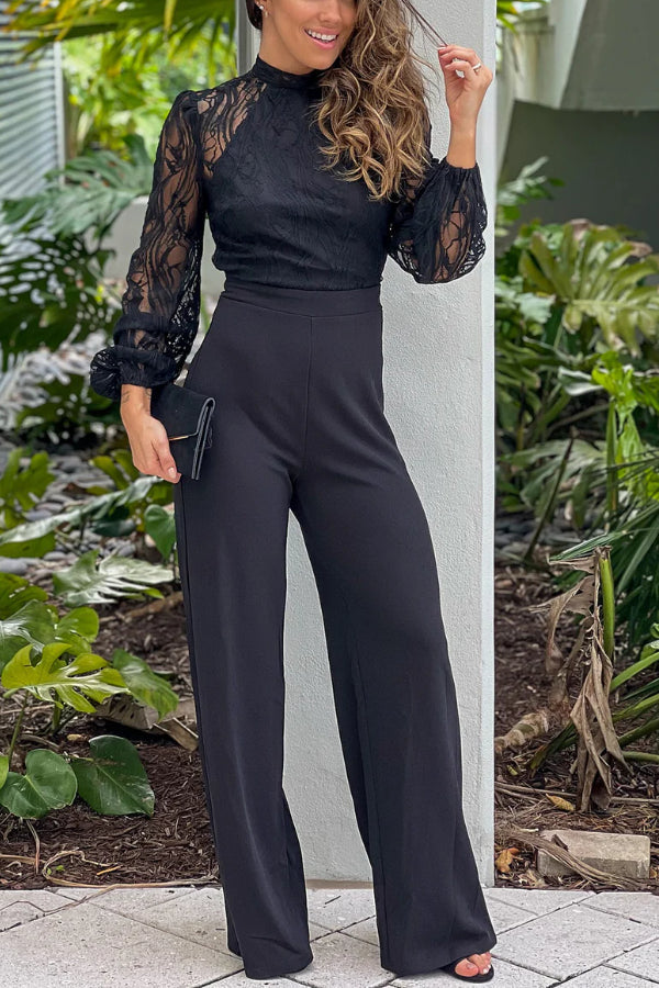 BLACK JUMPSUIT WITH LACE TOP AND OPEN BACK