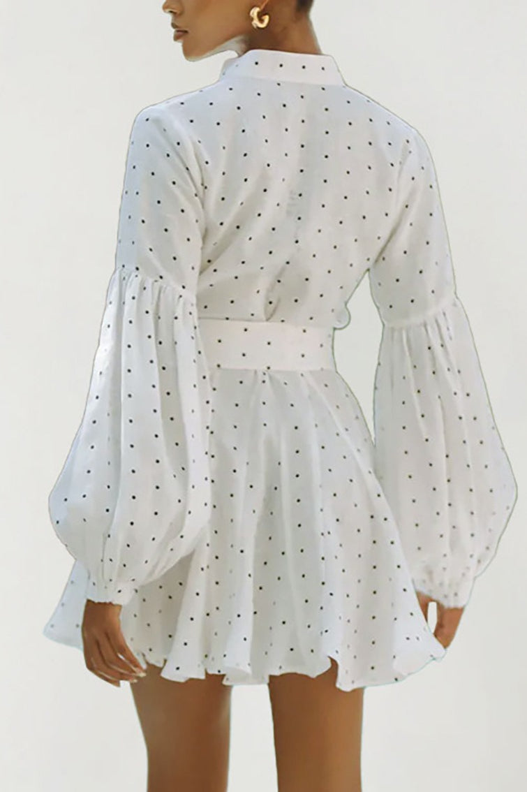 Polka Dot Mandarin Collar Button Front Lantern Sleeve Belted Mini Dress