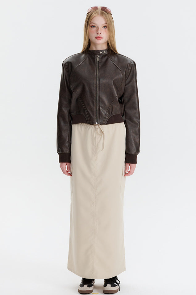 PU Leather Zip Up Bomber Jacket