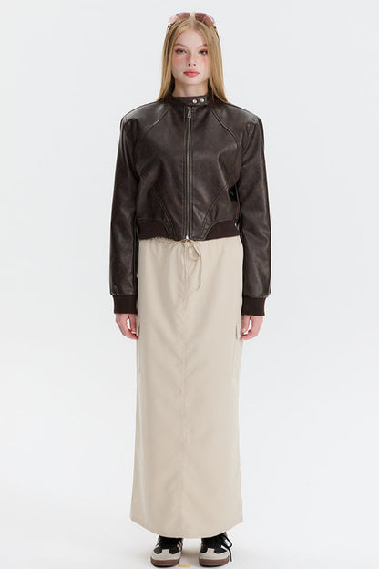 PU Leather Zip Up Bomber Jacket