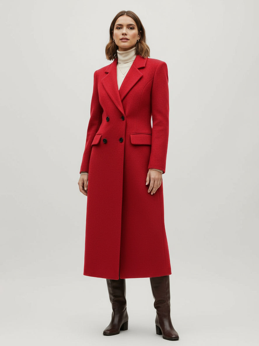 Woolen Double-Breasted Long Coat With Notch Lapel And Flap Pockets For Women 2026