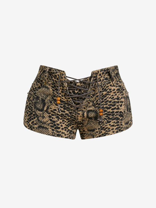 Washed Leopard Print Straps Denim Shorts