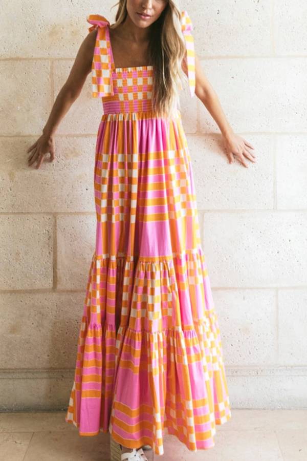Pink Tie Strap Plaid & Striped Smocked Maxi Dress