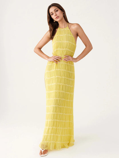 Halter Neck Pleated Maxi Dress for Women - Boho Ruched Backless Sleeveless Tiered Long Sundress - Summer Beach Event 2026