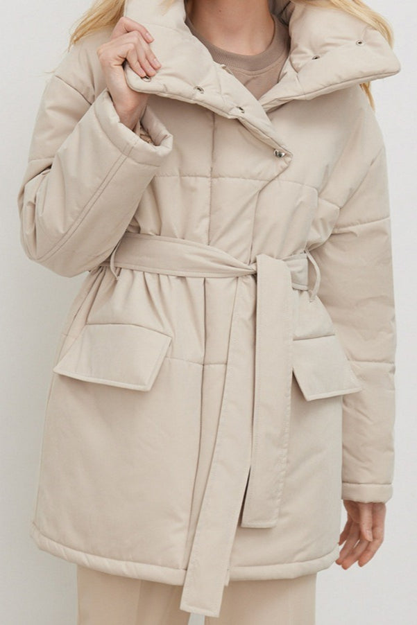 Longline Cotton Tie Waist Puffer Jacket