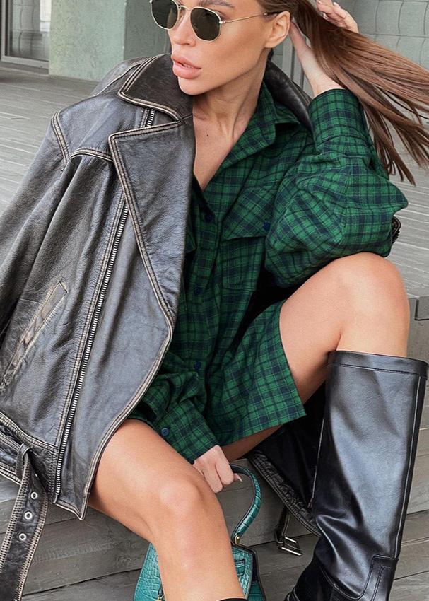 Oversized Retro Green Plaid Shirt – Effortless Chic