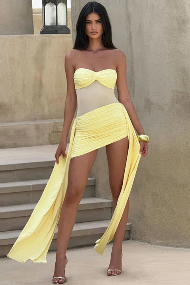 Strapless Twist Knot Mesh Panel Ruched Asymmetric Hem Mini Dress