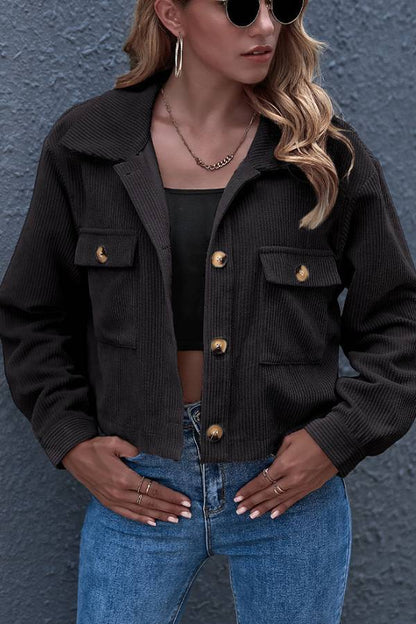 Flap Pockets Turn Down Collar Corduroy Shacket