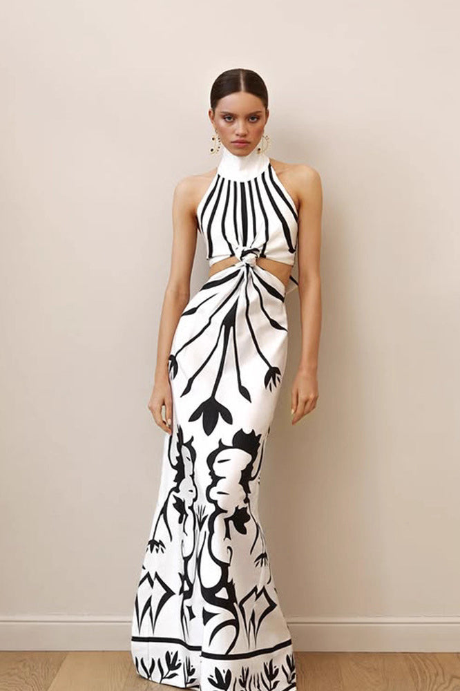Sleeveless Print Cutout Slim Fit Maxi Dress