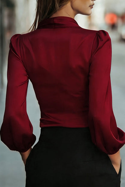 Satin V-neck Long-sleeved Casual Tie-waist Shirt
