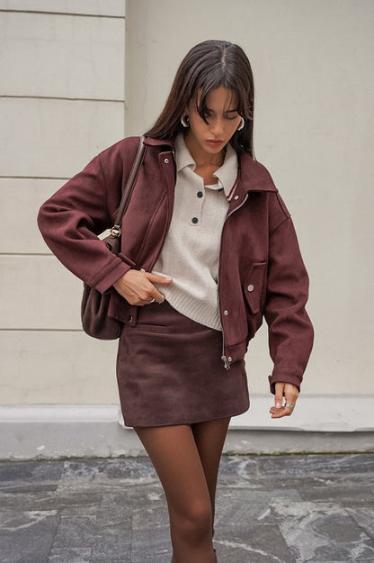 Loose Fit Red-Brown Suede Jacket