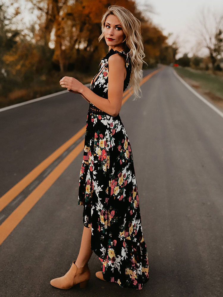 Black Floral Boho Maxi Dress for Women - High Low Hem Open Back Crochet Waist Long Dress - Summer Date Night Outfits 2026