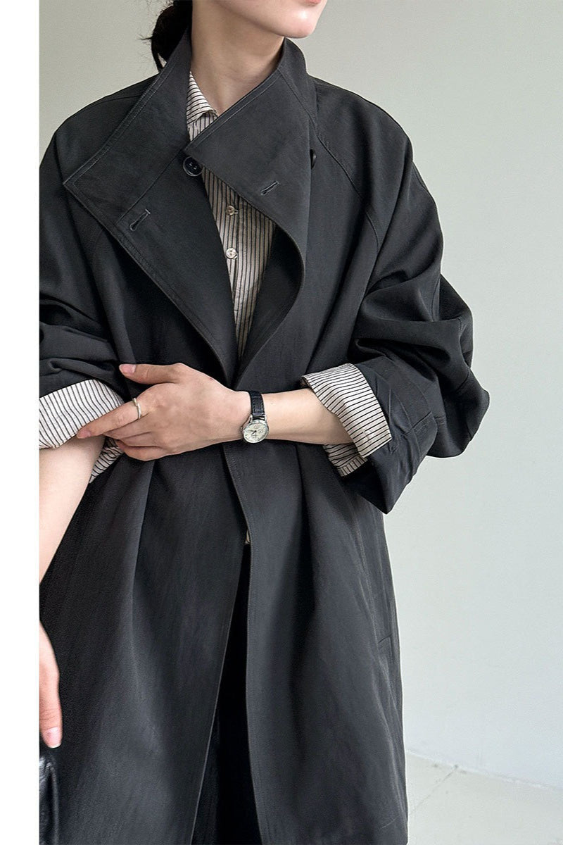 British-Style Stand-Collar Belted Mid-Length Trench Coat