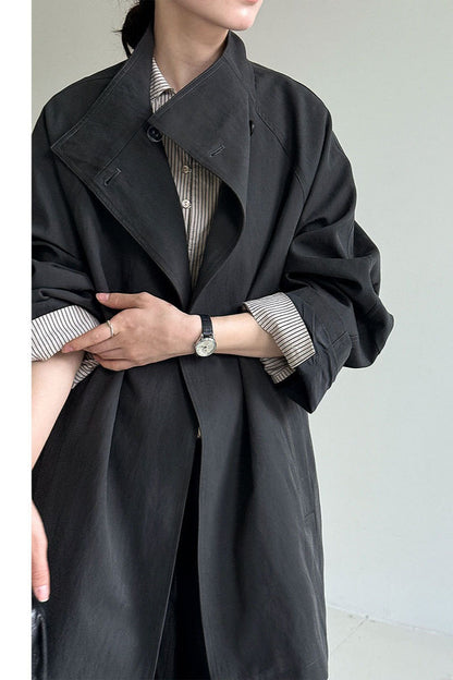 British-Style Stand-Collar Belted Mid-Length Trench Coat