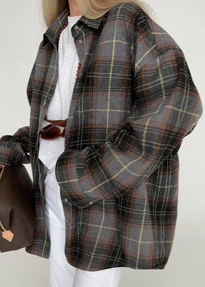 Retro Plaid Long-Sleeved Shirt - Oversized Comfort for Women