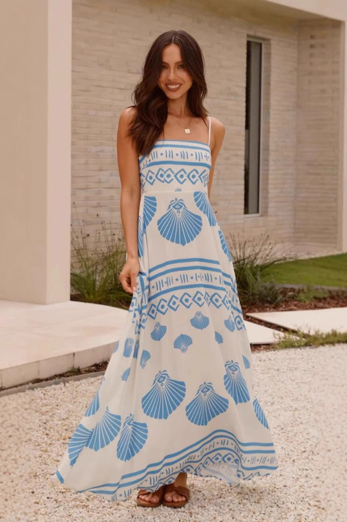 Shell Print High Waist Flowy Cami Maxi Dress