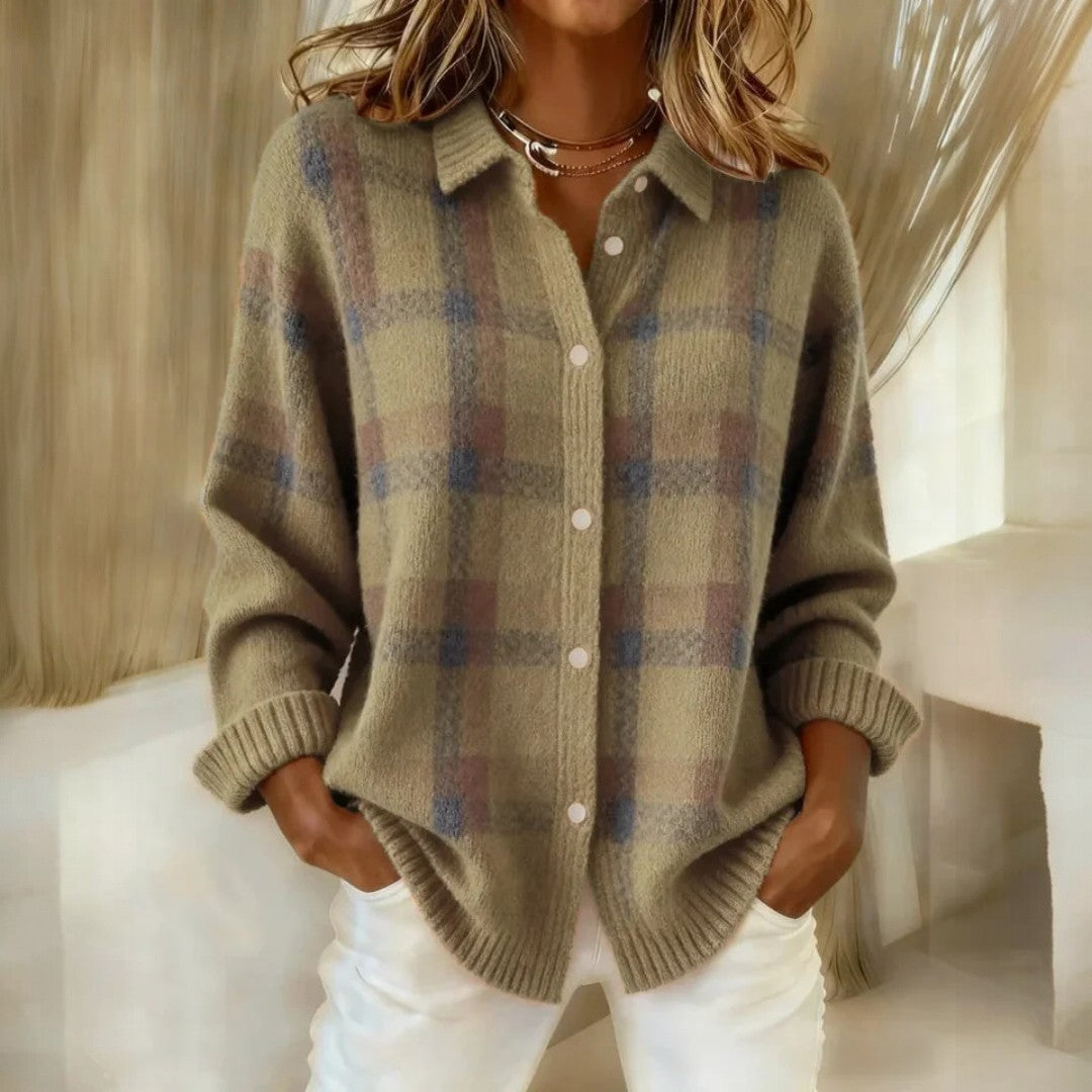 Women’s Loose Fit Buttoned Knit Cardigan - Stylish Check Pattern Design