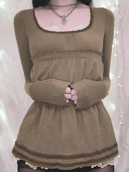 Brown Vintage Square Collar Stitching Long Sleeve Tee