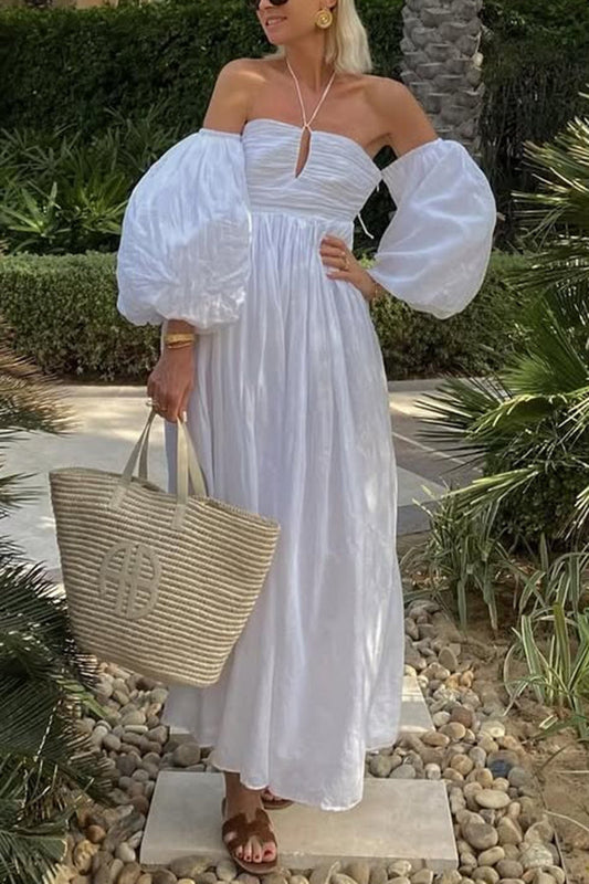 Solid Color Off-the-shoulder Hollow Puff Sleeve Maxi Dress