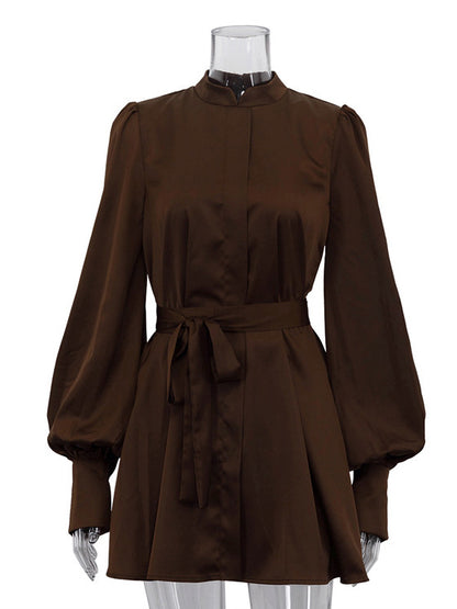 Brown Satin Mini Shirt Dress With High Neck And Lantern Sleeve For Women 2026