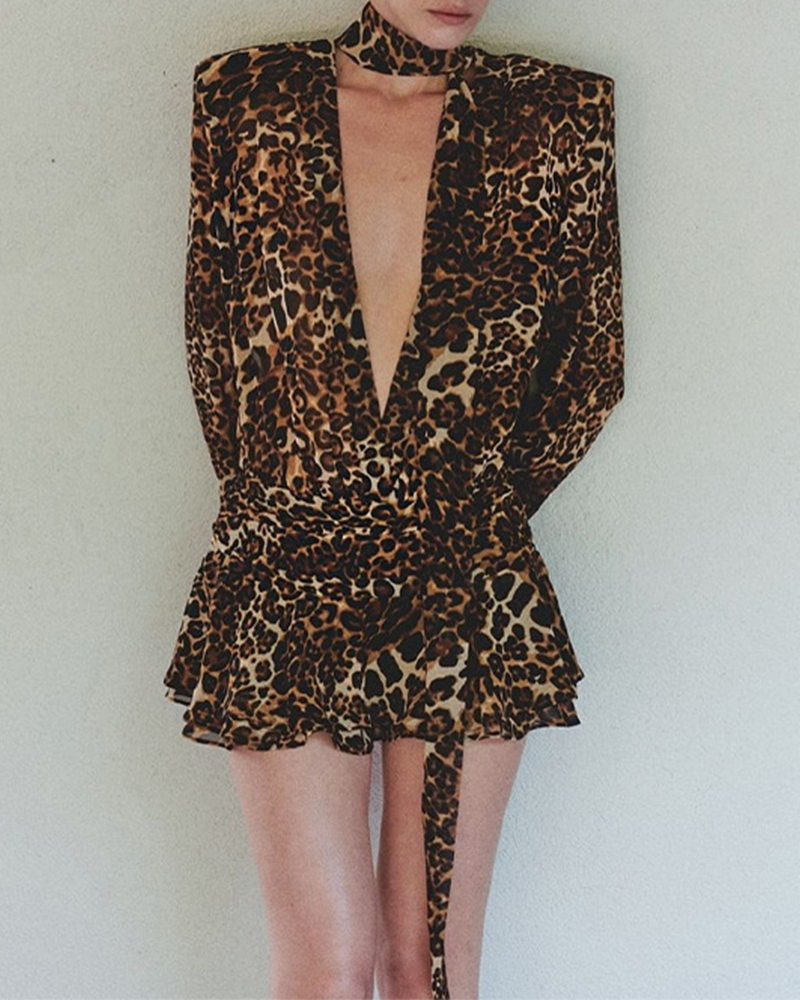 Vintage Sexy Leopard Print Plunging V Dress
