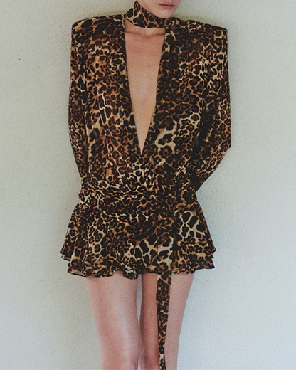 Vintage Sexy Leopard Print Plunging V Dress