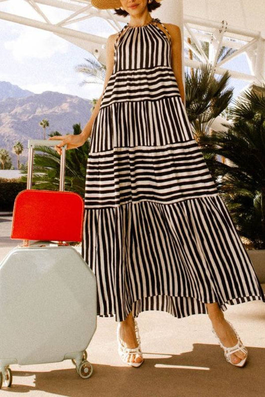 Sleeveless Stripe Maxi Tiered Dress