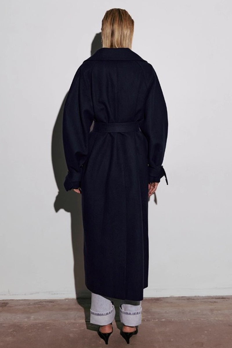 Extra-Long Wool Tie-Waist Loose Overcoat