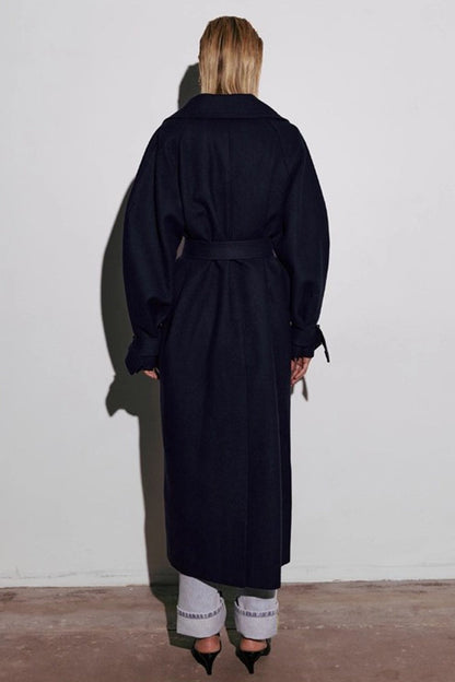 Extra-Long Wool Tie-Waist Loose Overcoat