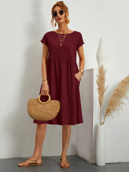 Short Sleeves Midi Shift Dress for Women - Minimalist Solid Color Loose T-shirt Dress with Pockets - Summer Daily Casual 2026