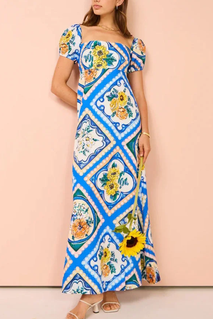 Art Blue Square Collar Print Linen Long Dresses Summer