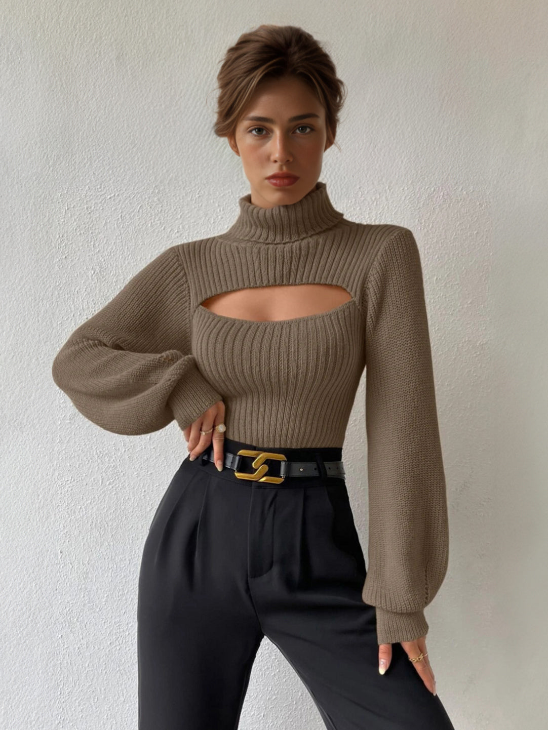 Ribbed Sweater High Collar Cutout Cuff Sexy Pullover For Women