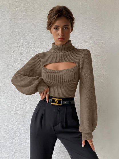 Ribbed Sweater High Collar Cutout Cuff Sexy Pullover For Women