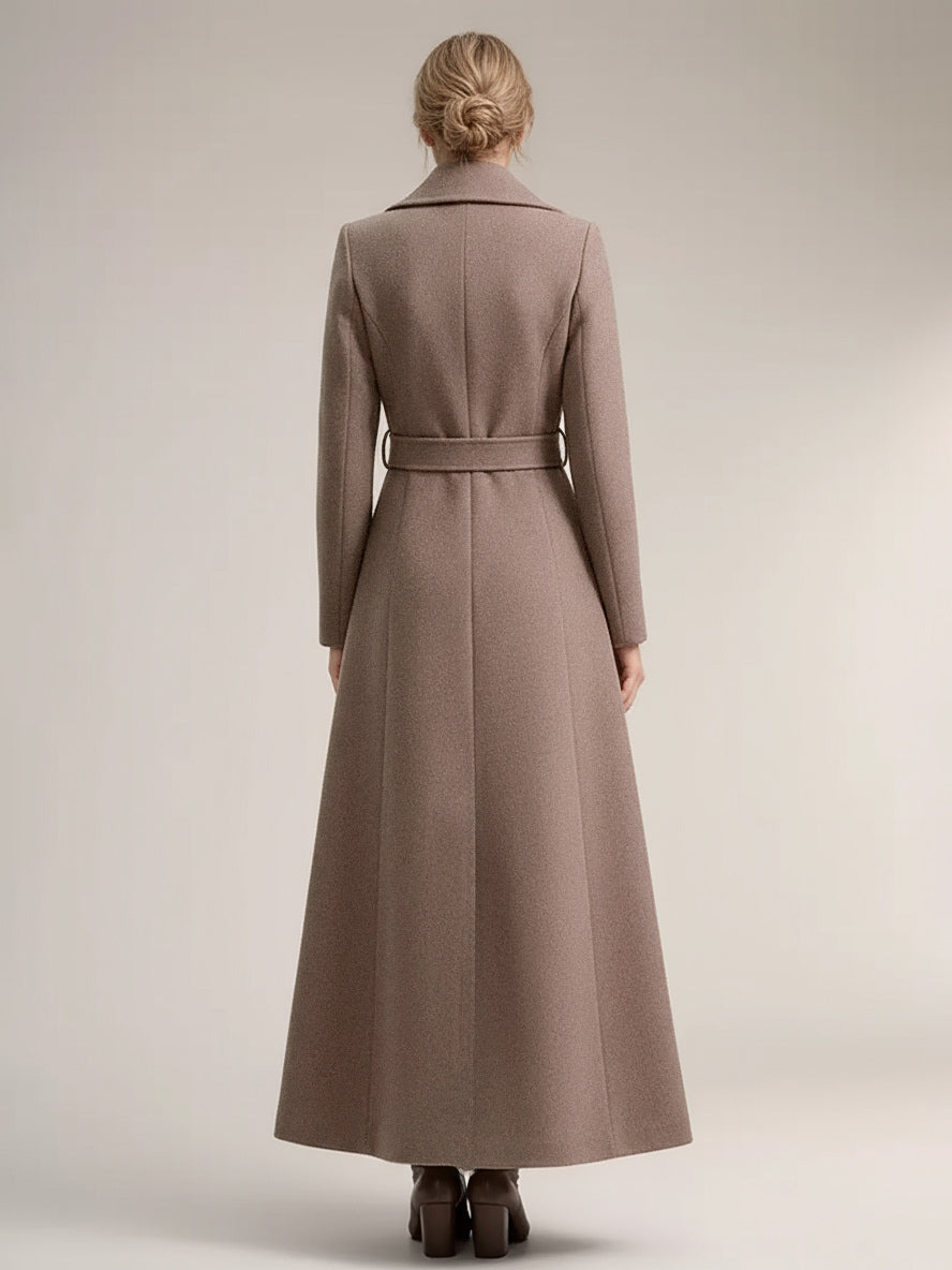Full-length Woolen Coat For Women Wide Notched Lapel Double-breasted Belted Winter Outerwear In Solid Color 2026