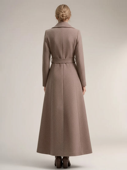 Full-length Woolen Coat For Women Wide Notched Lapel Double-breasted Belted Winter Outerwear In Solid Color 2026