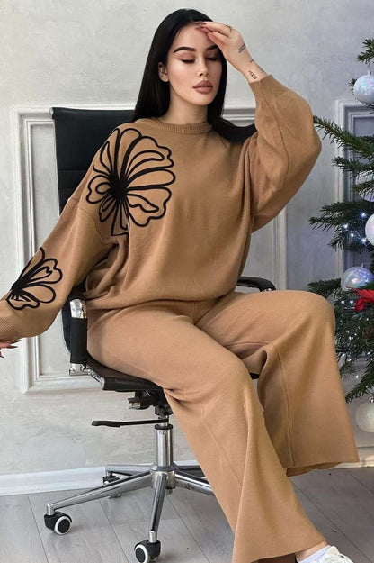 Casual Round Neck Knit Sweater with Pants Two Piece Pants Set