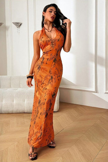 Sexy V-neck Halter Backless Floral Print Maxi Dress