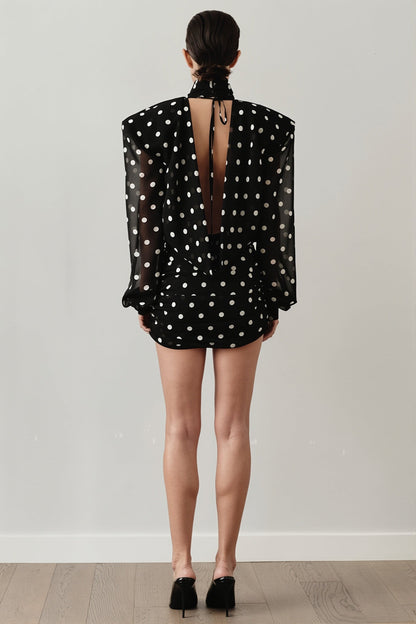Mock Neck Structured Shoulder Sheer Sleeve Polka Dot Two-Piece Set