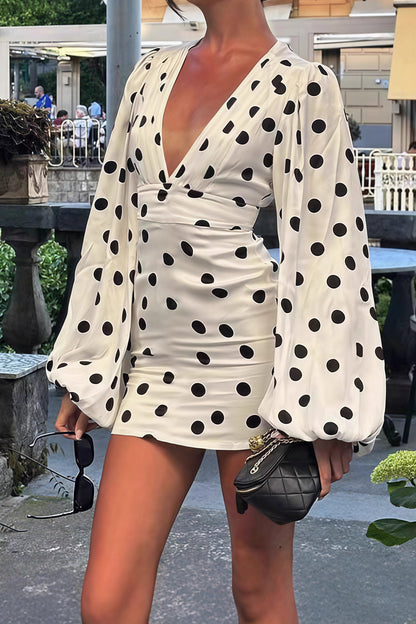 Polka Dot Deep V-Neck Balloon Sleeve Cinched Waistband Bodycon Mini Dress