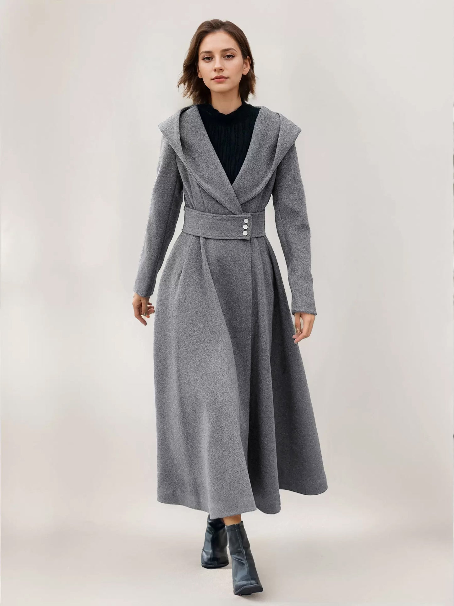 Flared Woolen Coat For Woman Hooded Gray Belted A-line Winter Long Outerwear 2026