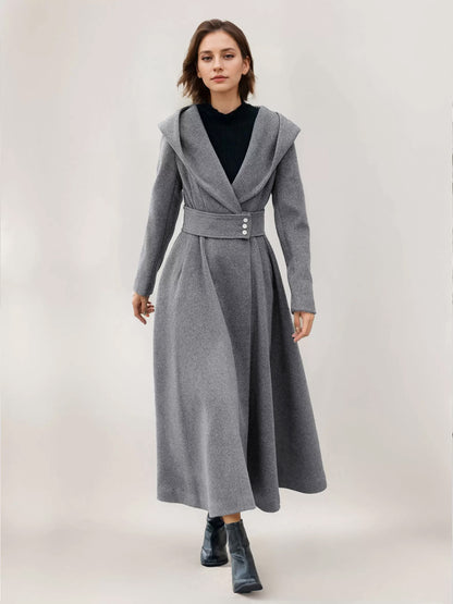 Flared Woolen Coat For Woman Hooded Gray Belted A-line Winter Long Outerwear 2026