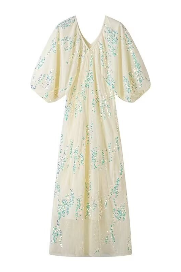 Batwing Sleeve Sequined Deep V Neck Long Dress