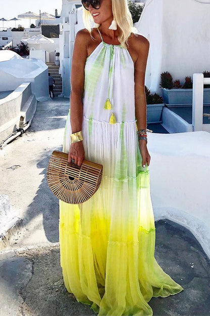 Island Evenings Gradient Print Tassel Halter Maxi Dress