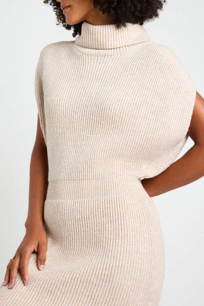 Book Club Knit Turtleneck Cap Sleeve Slit Sweater Midi Dress