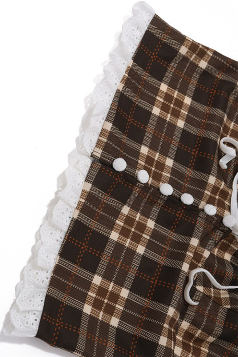 Sexy Plaid Lace Trim Halter Crop Top