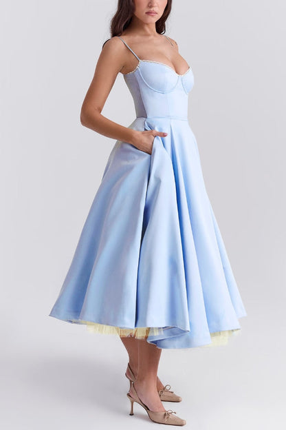 Lace Trim Sweetheart Corset Bodice Tulle Petticoat Fit and Flare Midi Dress